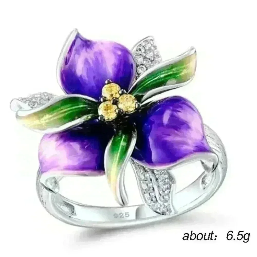 🍁925 Silver Plated Purple Enamel CZ Crystal Fashion Ring, GPMB1512